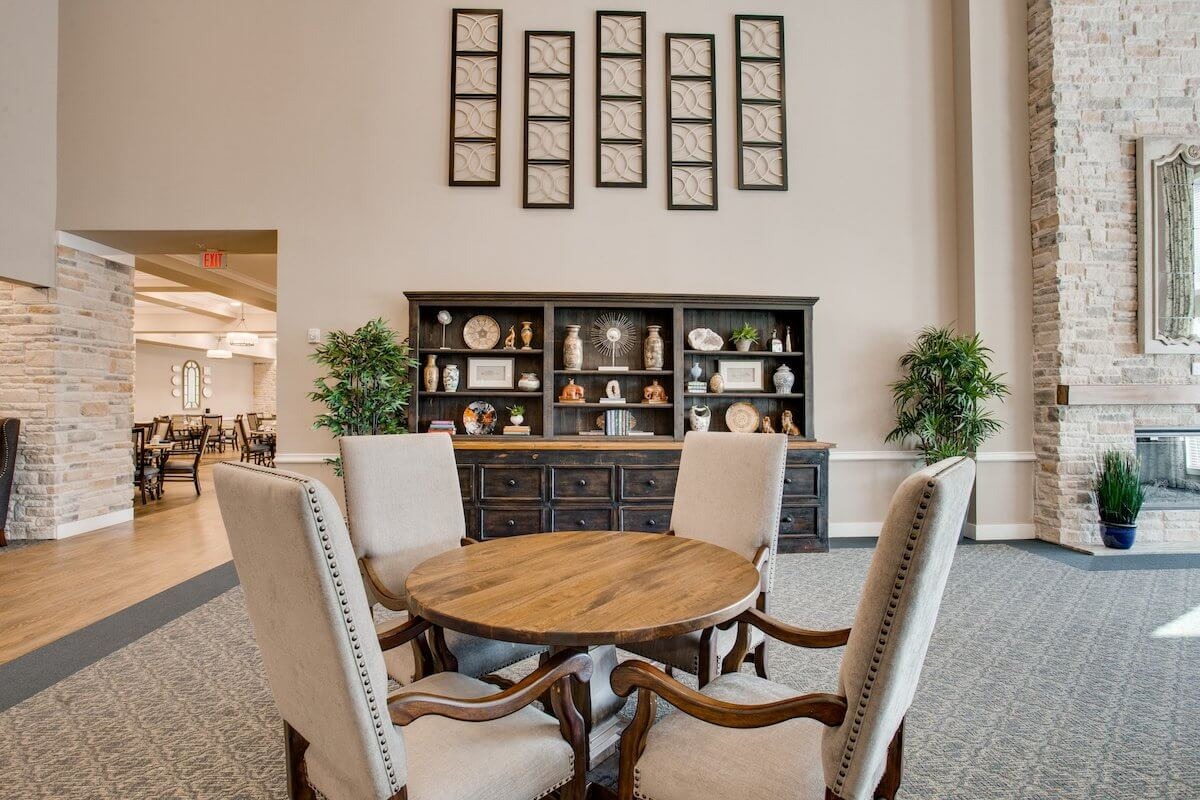 Well-decorated common area with seating and decor