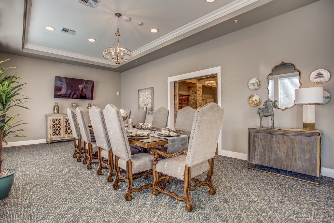Elegant dining room setup in a senior living facility