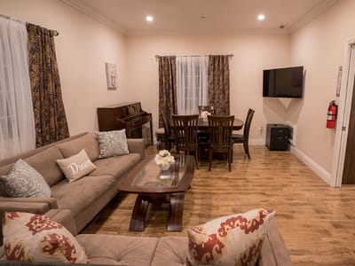 Living room with sofa, dining table, and piano
