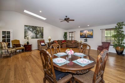 A cozy common area with seating and decor