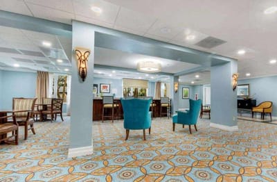 Bright, inviting common area with colorful decor