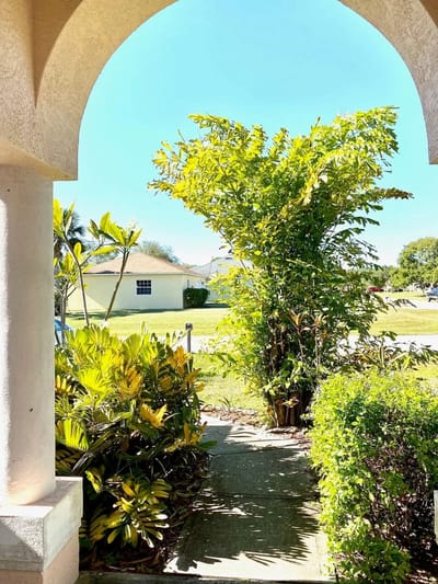 Pathway leading to a green outdoor space