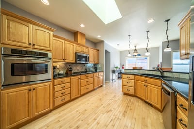 Bright and modern kitchen with wooden cabinets