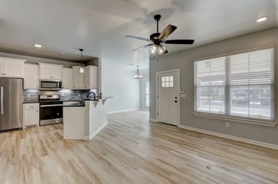Modern interior view of a kitchen and living space