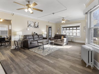 A cozy common area with seating and decor