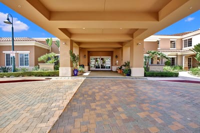 Entrance of GlenBrook Health Center with landscaped grounds