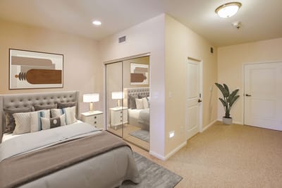 A well-decorated private resident room with modern furnishings
