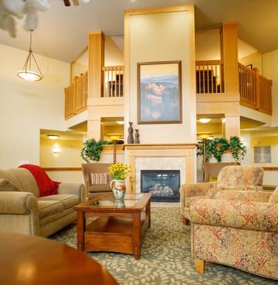 Cozy common area with a fireplace and seating