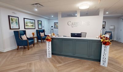 Bright reception area with welcoming decor and seating