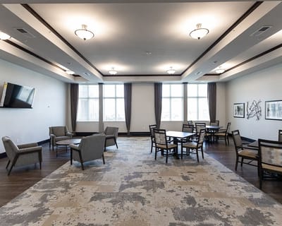 Interior common area with seating and natural light