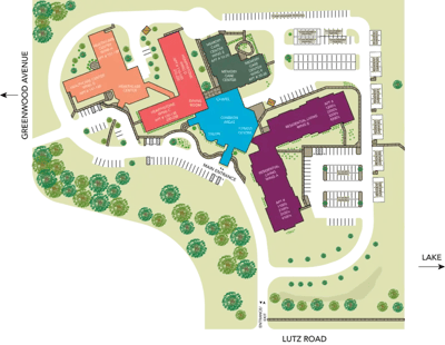 Architectural floor plan of Luther Oaks facility