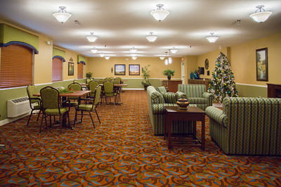 Interior common area with seating and holiday decor