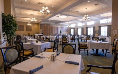 Dining area with neatly set tables in a spacious restaurant