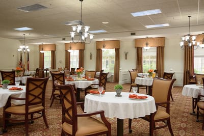 Dining area with tables and decorative elements