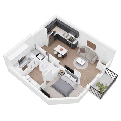 Architectural floor plan of a one-bedroom unit