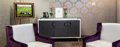 Welcoming lobby area with seating and decorations
