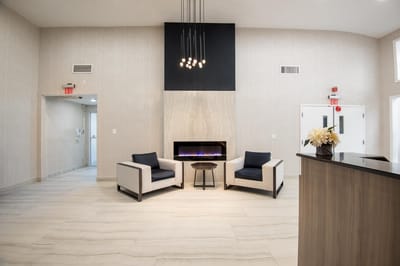 Interior of a modern common area with seating