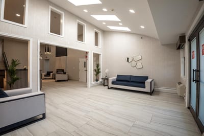 Bright interior view of a common area lounge