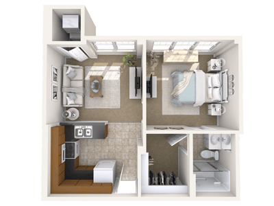 Floor plan of a one-bedroom unit