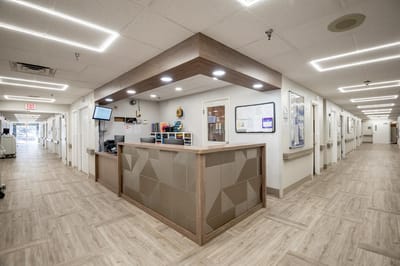 Brightly lit reception area of a nursing facility