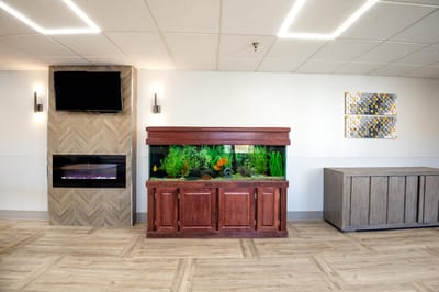 Interior view of a common area with an aquarium