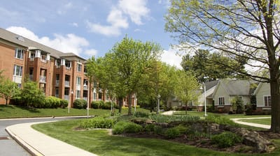 Scenic view of residential buildings and landscaping