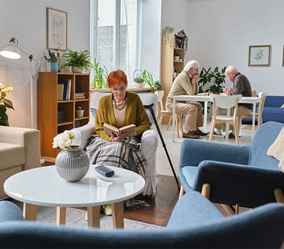 A cozy common area with residents reading and socializing