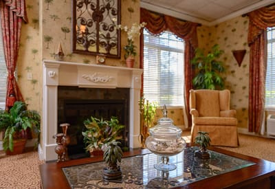 Cozy common area with a fireplace and seating