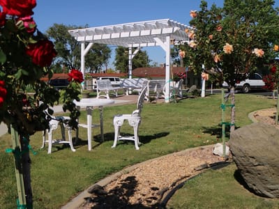 Outdoor seating area with white pergola and garden flowers