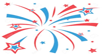 Decorative graphic of fireworks in red and blue