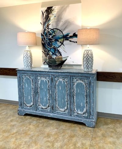 Decorative console table in a lobby area