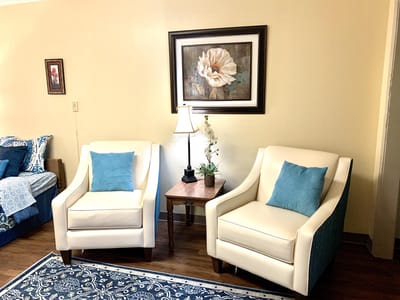 Cozy seating area with two armchairs and artwork