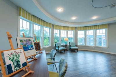Bright common area with artwork and seating
