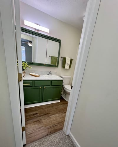 A well-lit bathroom with green cabinetry and modern fixtures