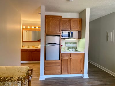Interior view of a resident's kitchenette and living area