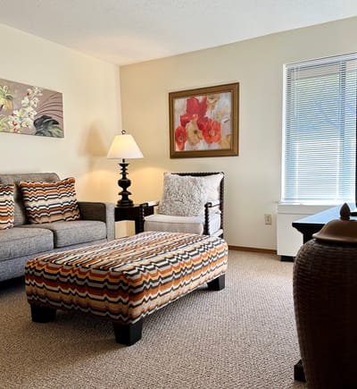Cozy interior living area with colorful seating