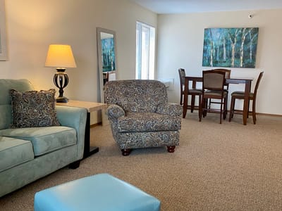 Living room area with comfortable furniture and dining table