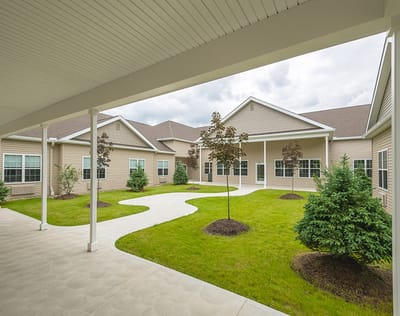Outdoor courtyard with landscaped pathways