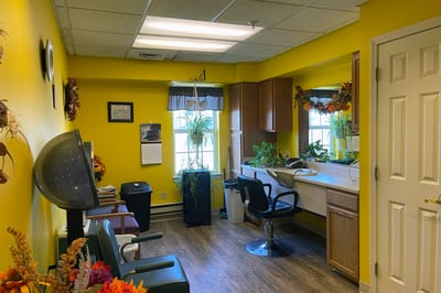 A brightly colored salon area with plants and mirrors
