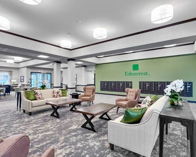 Bright common area with comfortable seating and decor