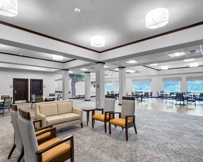 Common area with comfortable seating and tree mural