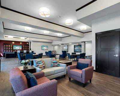 Bright and inviting common area with seating