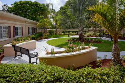Beautiful landscaped outdoor space with benches