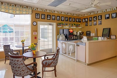 Bright communal area with seating and decor