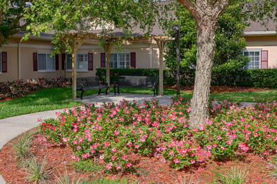 Beautiful outdoor garden area with flowers and seating
