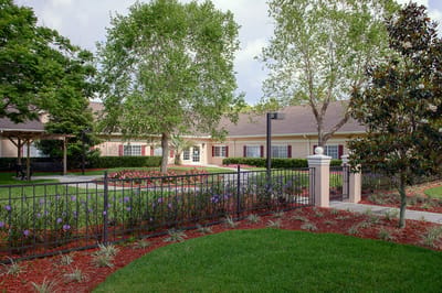 Exterior view of a landscaped area with a building