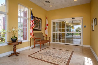 Bright lobby area with seating and decor