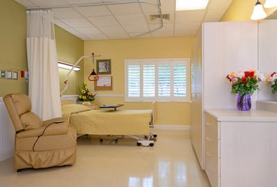A well-furnished private resident room in a nursing facility