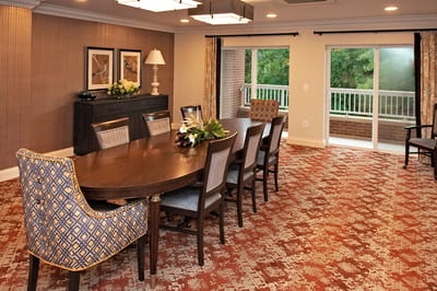 Interior view of a common area with dining tables
