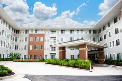 Exterior view of the assisted living facility with entrance